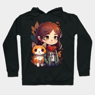 Cat & Girl Kawaii Anime Retro Fall Cat Lover Hoodie